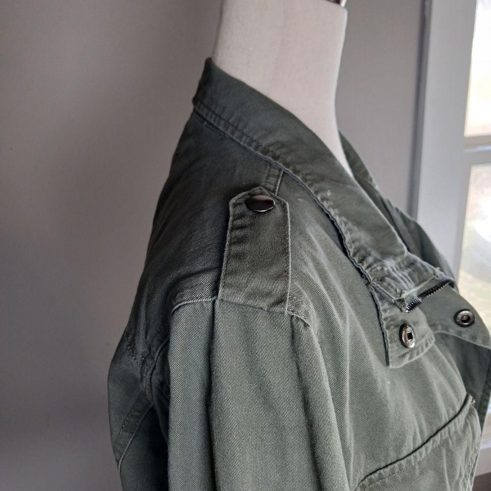 Cotton Utility Jacket Snaps Zip Pockets Army Drab Green Military Epaulets Size M - Picture 4 of 11
